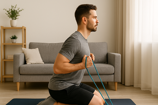 PrimeVita quick workout thumbnail — man doing resistance band exercise on a yoga mat in a bright modern living room, minimalist home fitness concept