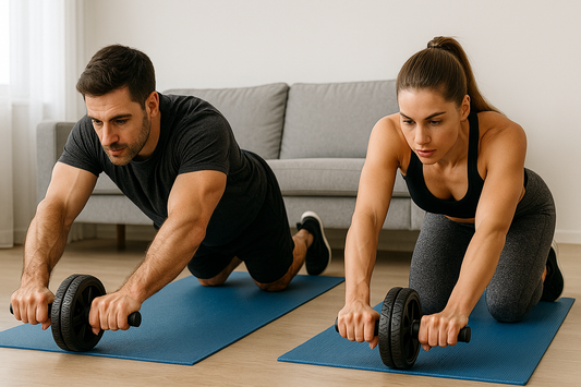 PrimeVita ab roller workout banner showing man and woman training core strength together at home