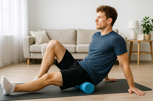 PrimeVita man stretching and using foam roller for daily flexibility exercises in bright home living room with natural light