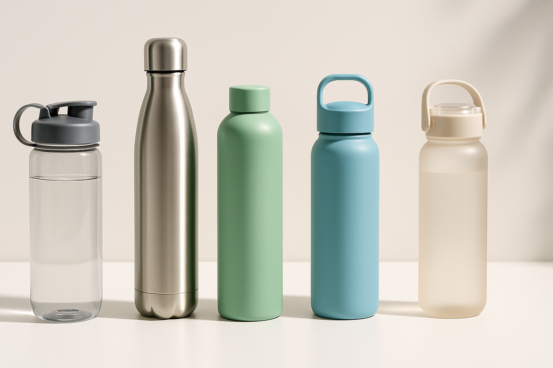 Assorted eco-friendly BPA-free water bottles in stainless steel and pastel colors arranged neatly on a white surface with soft natural lighting