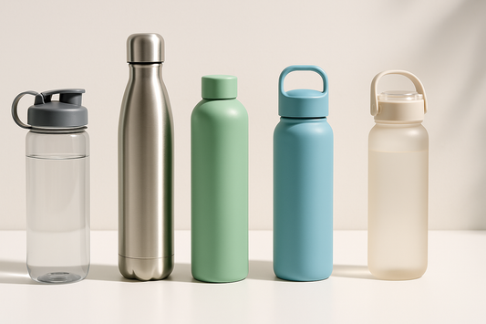 Assorted eco-friendly BPA-free water bottles in stainless steel and pastel colors arranged neatly on a white surface with soft natural lighting