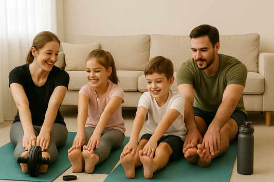 PrimeVita family stretching on yoga mats at home — parents and kids smiling in a bright living room, warm natural light, healthy lifestyle thumbnail image
