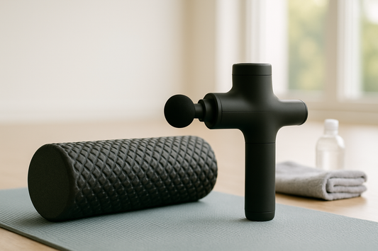 PrimeVita foam roller and massage gun placed side by side on gym floor for recovery and wellness comparison in bright natural light