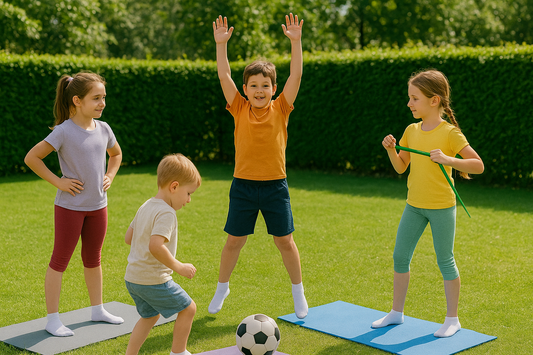 PrimeVita kids jumping and playing active outdoor fitness games together on yoga mats for healthy fun exercise