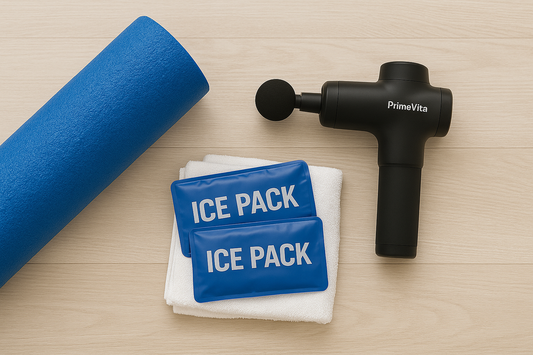 PrimeVita massage gun, foam roller, and ice packs neatly arranged on gym floor for post-workout recovery setup in bright natural light