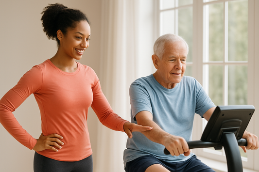 PrimeVita senior man exercising on a stationary bike for low-impact cardio training with supportive fitness instructor in bright natural light