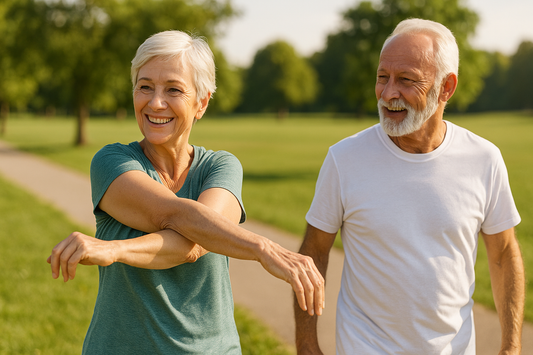 PrimeVita senior couple stretching and walking outdoors in a sunny park for low-impact exercise and active lifestyle