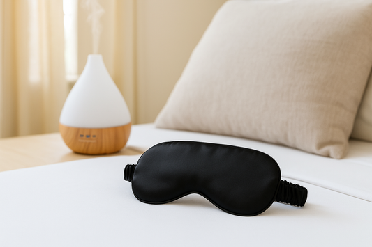 PrimeVita sleep mask and aromatherapy diffuser on bed for calm and relaxing sleep atmosphere