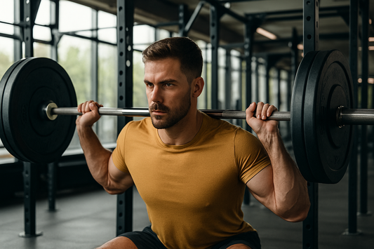 PrimeVita male athlete lifting barbell in modern gym banner for strength training motivation