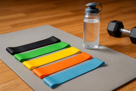Colorful resistance bands neatly arranged on yoga mat with water bottle and dumbbell | PrimeVita