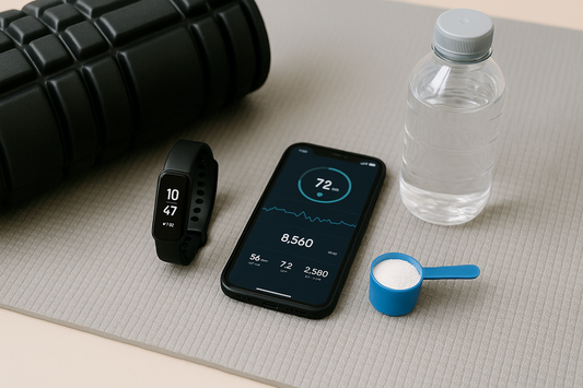 Close-up of a fitness tracker, smartphone with health data, foam roller, and water bottle on an exercise mat under natural light