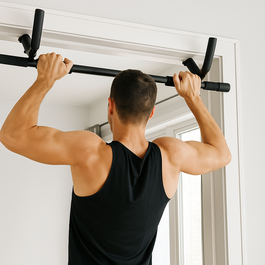 Back view of an athlete performing pull-ups on a doorway bar in a minimalist home gym under natural light