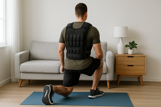 PrimeVita weighted vest home workout thumbnail — man wearing a black weighted vest lunging on a yoga mat in a bright minimalist living room with natural light