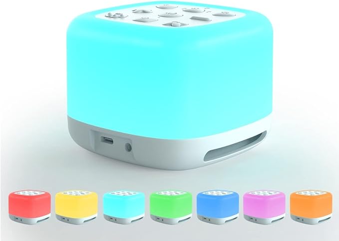 White Noise Sound Machine with Bluetooth Speaker, Night Light 40 Soothing Sounds 9 Color Lights Rechargeable Portable for Baby Kids Adults
