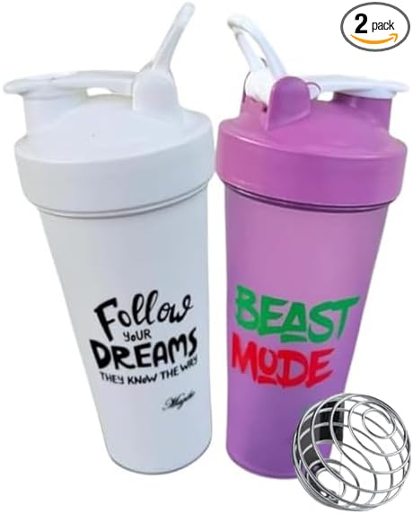 Blender Shaker Bottles for Protein, 28oz Portable Leakproof Pre-Workout Nutrition Water Bottle, BPA-Free Gym Shaker for Sports & Outdoor Motivational Protein Shaker-Combo (White/Purple)