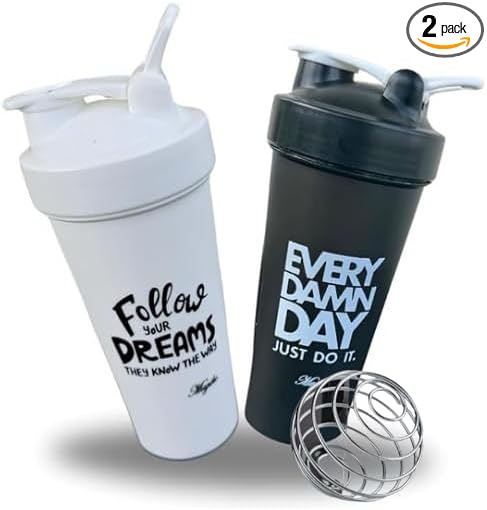 Magiko Blender Shaker Bottles for Protein, 28oz Portable Leakproof Pre-Workout Nutrition Water Bottle, BPA-Free Gym Protein Shaker for Sports & Outdoor Motivational Protein Shaker (Two Black)
