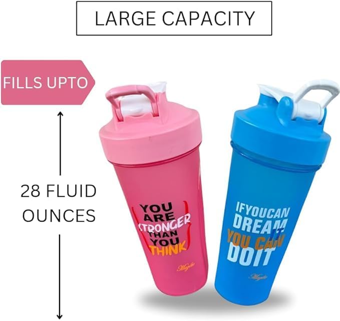 Blender Shaker Bottles for Protein, 28oz Portable Leakproof Pre-Workout Nutrition Water Bottle, BPA-Free Gym Protein Shaker for Sports & Outdoor Motivational Protein Shaker (Blue/Pink)