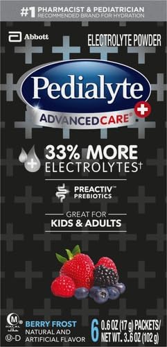 Pedialyte AdvancedCare Plus Electrolyte Powder, Has 33% More Electrolytes and PreActiv Prebiotics, Berry Frost, 6 Powder Packets