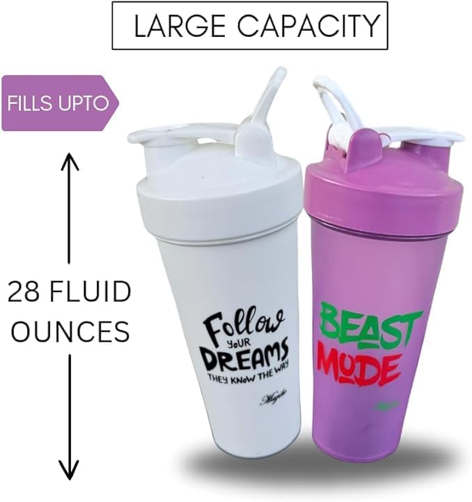 Blender Shaker Bottles for Protein, 28oz Portable Leakproof Pre-Workout Nutrition Water Bottle, BPA-Free Gym Shaker for Sports & Outdoor Motivational Protein Shaker-Combo (White/Purple)