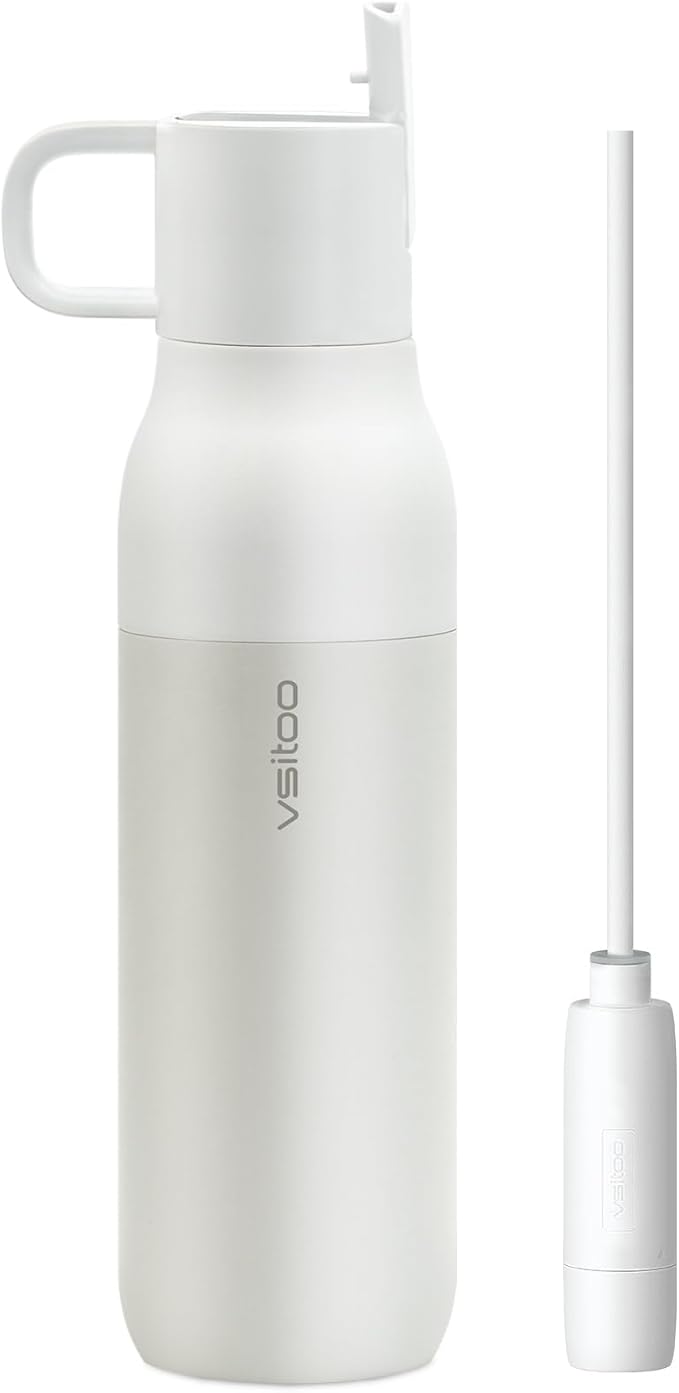 VSITOO 25oz Insulated Water Bottle With Filter for Travel ,316 Stainless Steel, BPA-Free,Reusable,Replaces 300 Plastic Water Bottles, Improves Taste, for Hiking, Cycling, Gym & Outdoor Use, White