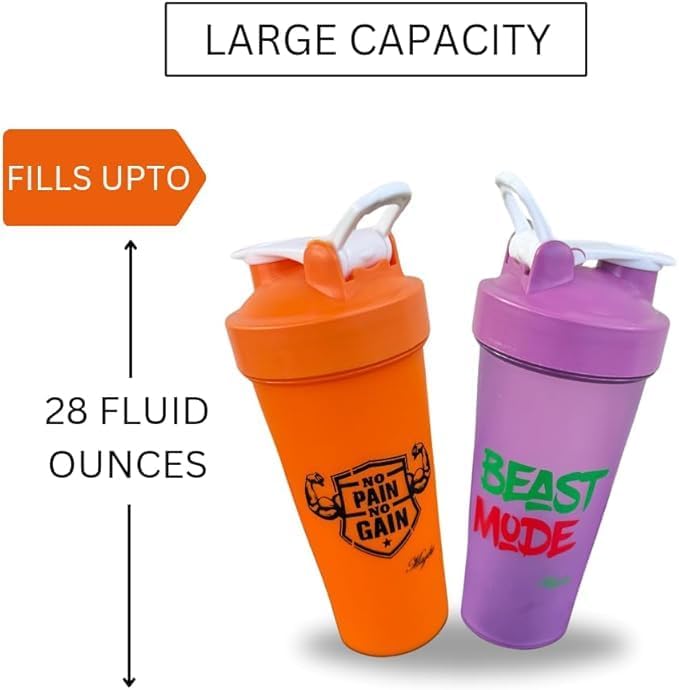 Blender Shaker Bottles for Protein, 28oz Portable Leakproof Pre-Workout Nutrition Water Bottle, BPA-Free Gym Protein Shaker for Sports & Outdoor Motivational Protein Shaker (Orange/Purple)