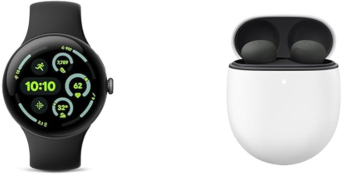 Google Bundle - Pixel Watch 3 (Matte Black - Obsidian Band - 45mm WiFi) & Pixel Buds Pro 2 Earbuds (Hazel)