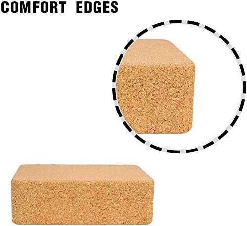 Cork Yoga Blocks, 2 Pack, with 1 Yoga Strap, High Density Solid Natural Cork Yoga Brick with Comfortable Edge to Improve Balance, Strength and Flexibility