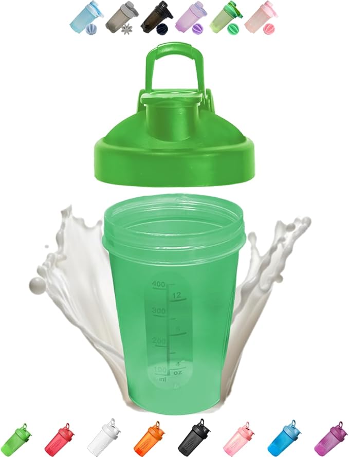 Blender Shaker Bottle w. Classic Loop Top & Stainless Whisk Ball-Perfect for Protein Shakes and Pre Workout (16 Oz-400ML, Green Top/Green Cup)