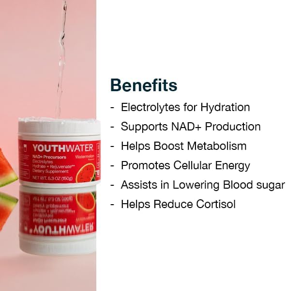 NAD+ Electrolyte Powder - Watermelon Flavor - Cellular Hydration & Healthy Aging Support - Only 5 Calories, No Added Sugar, Non-GMO - Essential Natural Electrolytes & Vitamins - 30 Servings