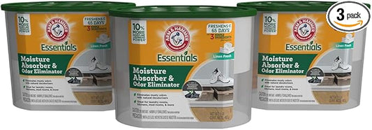 Arm & Hammer Essentials Disposable Moisture Absorber and Odor Eliminator Tub, Linen Fresh, 1 lb., 3-Pack, Attracts and Traps Excess Moisture, Ideal Closet Non-Electric Dehumidifier