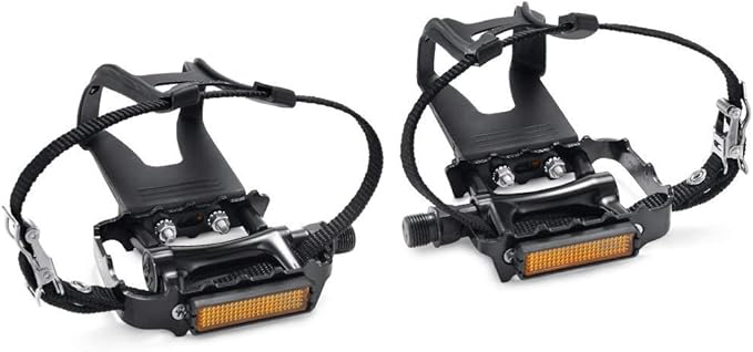 Bike Pedals with Clips and Straps for Outdoor Cycling and Indoor Stationary Bike 9/16-Inch Spindle Resin/Alloy Bicycle Pedals