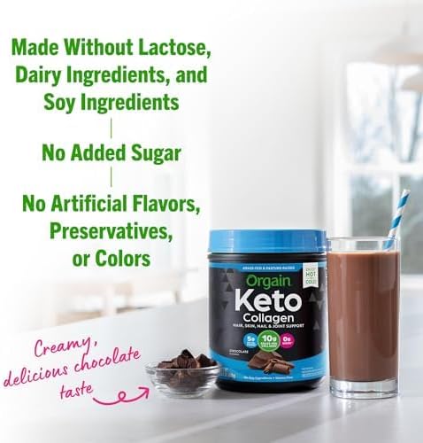 Orgain Keto Collagen Protein Powder with MCT Oil, Chocolate - Paleo Friendly, Grass Fed Hydrolyzed Collagen Peptides Type I and III, Dairy Free, Gluten Free, Soy Free, 0.88 Lb (Packaging May Vary)