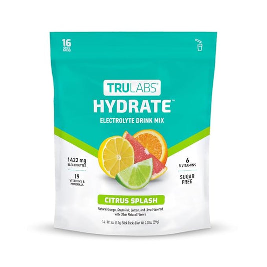 TRULABS Hydrate - Citrus Splash. Sugar Free Electrolytes Hydration Packets. Each Serving Contains 1422 mg of Electrolytes &19 Vitamins & Minerals (16 ct)