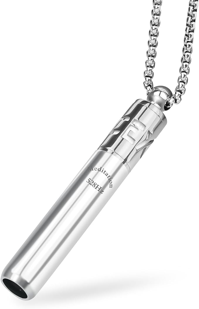 528 Hz Breathing Necklace, Meditation Necklace, with Diffuser, Anxiety and Stress Relief Through Breath Frequency Sound Therapy and Aromatherapy, Silver
