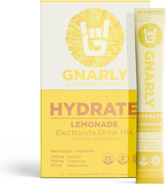 Gnarly Nutrition Hydrate Electrolyte Powder – Lemonade Exercise Hydration Drink Mix – NSF Contents Certified – Electrolyte Solution, Performance & Recovery – Lemonade, Box of 20 Stick Pack