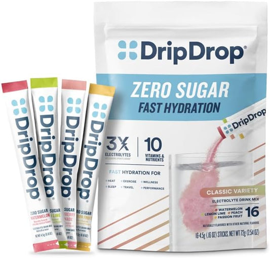 DripDrop Sugar Free Hydration Packets - Zero Classic Variety Pack - Single Serve Electrolytes Powder Drink Mix - Lemon Lime, Watermelon, Peach, Passion Fruit - Non-GMO, Gluten Free, Vegan - 16 Sticks