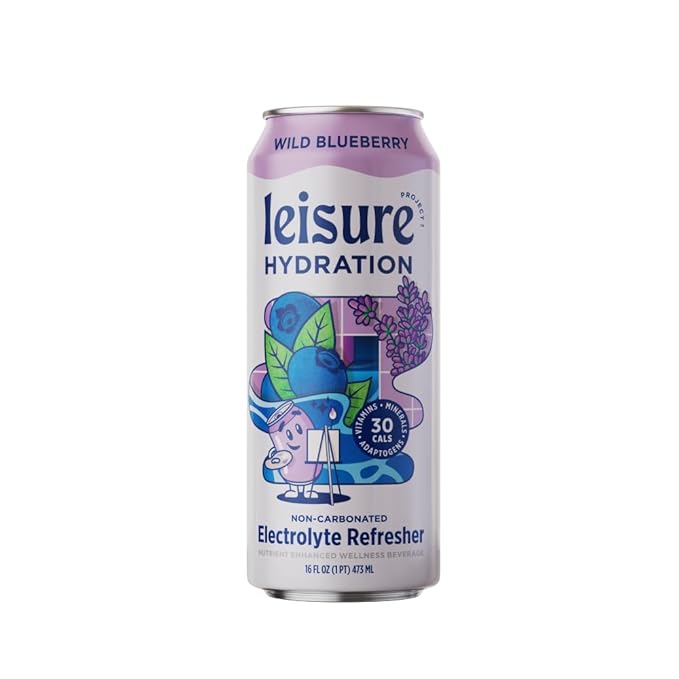 Leisure Hydration Non-Carbonated Electrolyte Refresher, Wild Blueberry Flavor - Low Sugar Nutrient Enhanced Water Beverage - Get The Best Hydration Packed w/ Magnesium & Ashwagandha For Mood & Stress Support, Non-GMO, 16 oz (12-Cans)