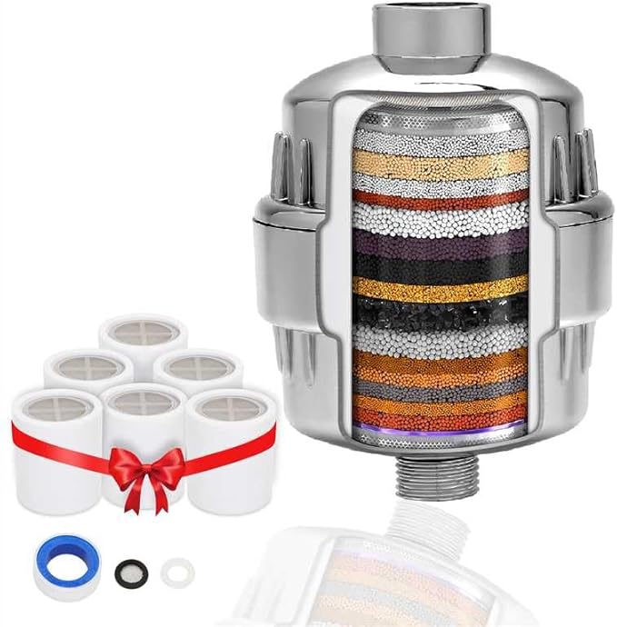 Shower Head Filter for Hard Water – 20 Stage + 7 Replacement Cartridges – Removes Chlorine, Fluoride, and Other Chemicals, Vitamin C, E & A Shower Filter for Glowing Skin & Hair