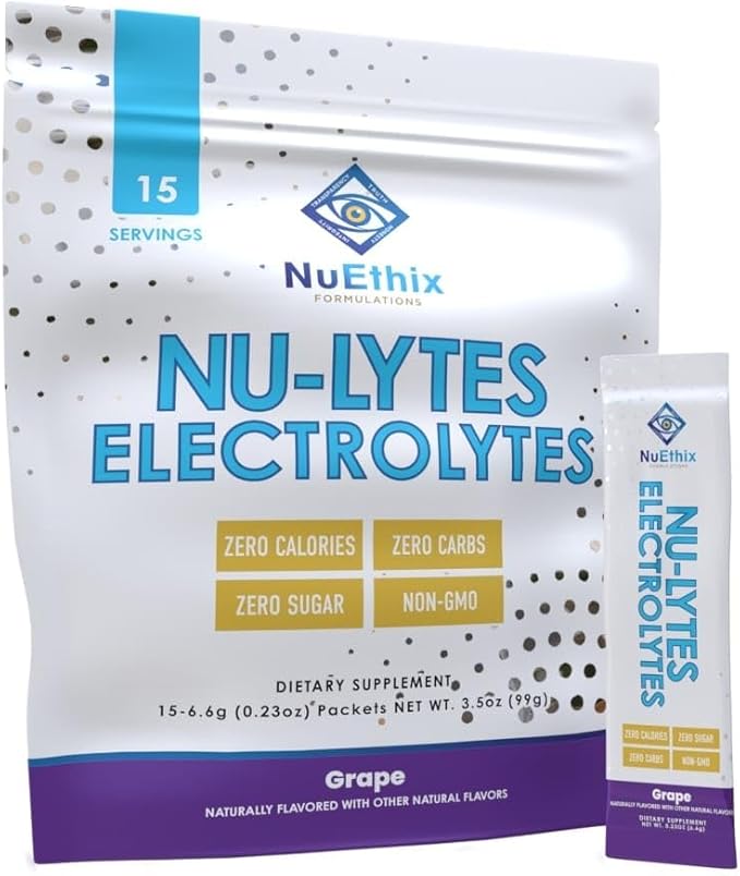 NuEthix Formulations NU-LYTES Electrolytes Hydration Packets, Zero Calories, Zero Sugar, Zero Carbs, Non-GMO, Electrolytes Powder Packets, Glycogen Replenishment, 15 Servings (Grape)