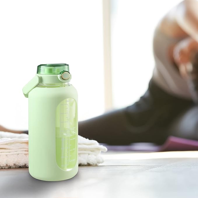SIEROZUR 74oz Glass Water Bottle with Straw and Lid Large Gallon Water Jug with Silicone Sleeve and Handle 2.2 liter Wide Mouth Bottle with Time Marker for Gym Sports& Workout
