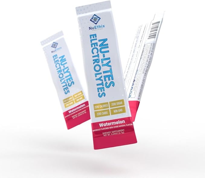 NuEthix Formulations NU-LYTES Electrolytes Hydration Packets, Zero Calories, Zero Sugar, Zero Carbs, Non-GMO, Electrolytes Powder Packets, Glycogen Replenishment, 15 Servings (Watermelon)