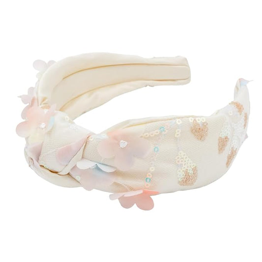 Knotted Headband for Women (White with Pink Florals), Wide Knotted Headband in White Satin with Pink Floral Appliques and Sequins