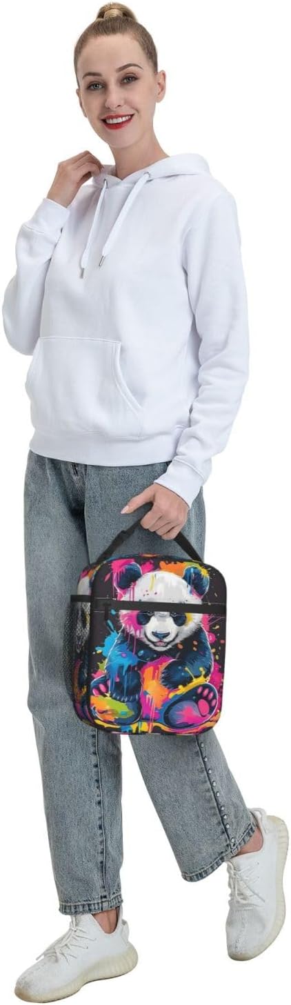 Funny Panda Lunch Box for Women Girls Boys Kids, Insulated Cooler Color Splash Panda Lunch Bag for School, Picnic, Office, Work, Travel, Portable Polyester Thermal Reusable Tote Lunch Bags