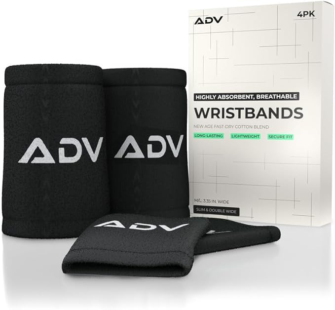 ADV Tennis Wristbands with New Age Polyester Cotton Blend - Ultra Absorbent Wrist Sweatbands - Doublewide & Slim Wrist Bands for Sweat - 4 Pack or 2 Pack