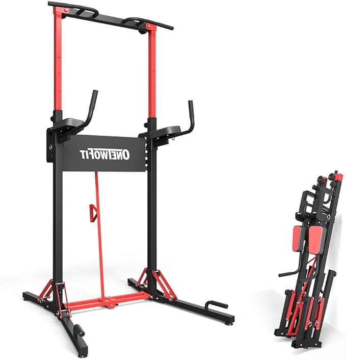 ONETWOFIT Foldable Power Tower Pull Up Bar Station, Multi-Function Adjustable Height Dip Station for Home Gym Workout, Strength Training Fitness Equipment, Pull Up Stand