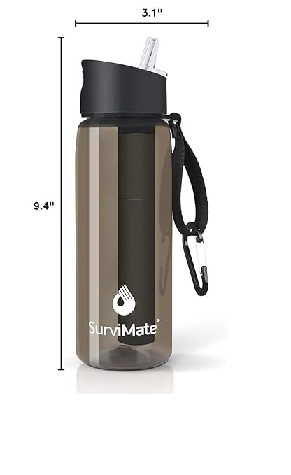 Survimate 5-Stage 0.01μm Ultra-Filtration Filtered Water Bottle, BPA-Free Material, NSF/ANSI 42&372 Certified, Portable Water Filter Bottle for Survival, Camping, Hiking, and Emergency Use