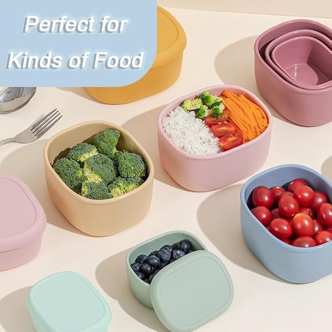 Reusable Nesting Silicone Food Storage Containers, Set of 3 Lunch Box Bento with Lids, Airtight Snack Container, BPA Free, Dishwasher Microwave Oven Freezer Safe (6.7oz, 10oz, 20oz) (Light Blue)