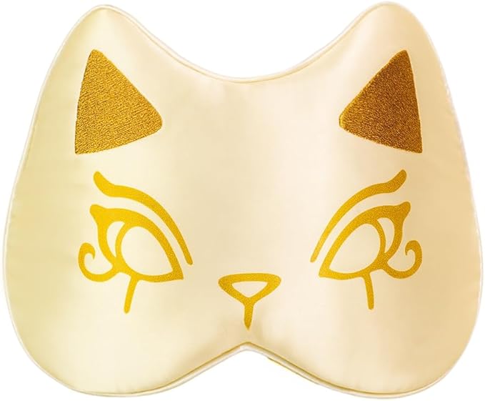 Silk Sleep Mask Blindfold Eye Mask for Sleep Cute Cat Print Embroidered Eye Cover Adjustable Oversized Egyptian Bastet with Gift Box&Pouch(Isis Ivory-Elastic Strap)