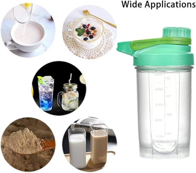 A Stylish Blue Shaker Bottle w. Clear Cup BPA Free,Made of PP5,Measurement Marks of 16 OZ/500 ML & 1.57" Plastic Whisk Ball,Anti-Leaking Twist Cap Fixed w. Slim Arm & Large Moden Loop,Easy to Clean