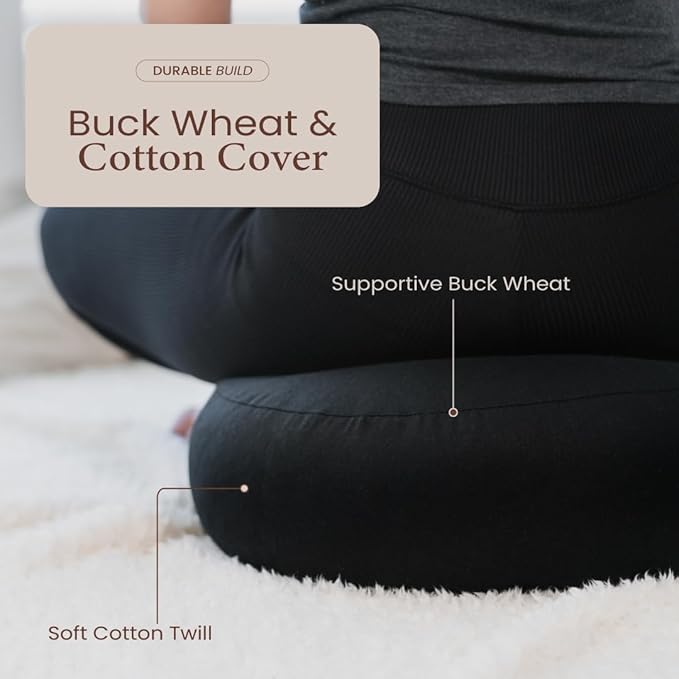 Meditation Cushion - 15" Buckwheat Pillow with Removable Cotton Cover and Carry Handle - Round Floor Cushion for Yoga, Meditation, Pilates, and Floor Sitting - Meditation Pillow by Cuvered
